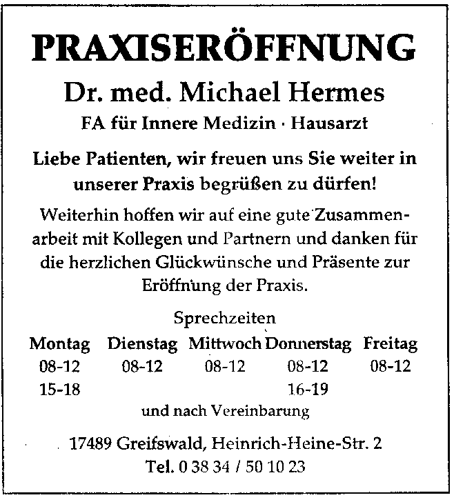 Anzeige zur Praxiseröffnung in der Ostseezeitung